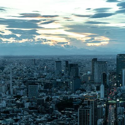 Blurred city lights during the blue hour evening